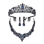 BriLove Bridal Jewellery Set for Wedding Flower Maid, Crystal Teardrop Cluster Statement Necklace Clip-on Earrings Princess Tiara Crown Headbands Comb Set for Birthday Party Sapphire Color Black-Tone