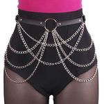 COSYDAYS Punk Leather Waist Chain Belt Black Harness Body Chain Ring Party Layered Belly Chains Rave Outfits Body Chain Jewelry for Women and Girls, Silver, free size
