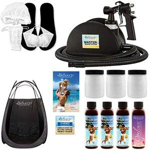 Belloccio Master T95 High Performance Sunless Turbine Spray Tanning System; 4 Solution Variety Pack with Opulence & 8, 10, 12% DHA Simple Tan, Tent, Accessories & User Guide Video Link