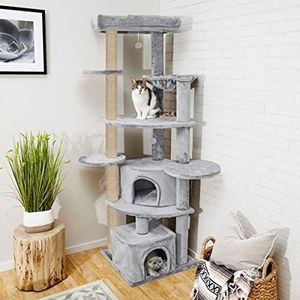 Mellifluous Multistory Climbing Activity Kitten Cat Tree - Plush Fur Fabric | Hanging Balls | Top Bed | Condos | Scratching Posts | Jute Rope | for Adult Cats & Kittens (Grey) (Height 80 Inch)