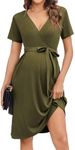 Ekouaer Women Short Sleeve Maternity Dress V Neck Nursing Dresses Outfit Ribbed Knit Pregnancy Loungewear Soft Breastffeeding Clothes with Pocket Army Green L