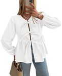 PRETTYGARDEN Women's Babydoll Peplum Blouse Shirt Puff Long Sleeve Bow Tie Front Trendy Cute Y2K Going Out Tops (Solid White,Large)