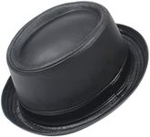 Leather Men Fedora Hats Black Pork Pie Hat Dad Fashion Gentleman Flat Bowler Porkpie Short Brim Big Size, Black, Large