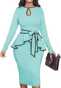 Elegant Peplum Dresses for Women Business Knee Length Church Dresses Split Back Zipper, Light Blue, X-Large