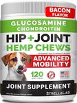 Hemp Treats - Glucosamine Dog Joint Supplement + Omega 3 - w/Hemp Oil - Chondroitin, MSM - Advanced Mobility Chews - Pain Relief - Hip & Joint Care - Bacon Flavor - 120 Ct - Made in USA