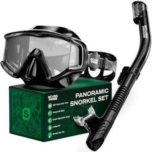 Pano 3 Snorkeling Set with Dry Top Snorkel, 180° Panoramic Dive Mask Tempered Glass Three-Window Scuba Mask, Foldable Silicone Tube Anti-Leak Gear for Men Women Teens Adults, Black - Classic Stealth