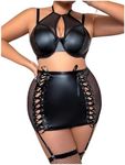 OYOANGLE Women's Plus Size 5 Piece PU Leather Lingerie Set Cut Out Bra and Skirt with Garter Stocking Black 2XL