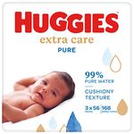 Huggies Pure Extra Care, Baby Wipes -56 x 3 Packs (168 Wipes Total) - 99 Percent Pure Water Wet Wipes - Fragrance Free to Clean and Protect Sensitive Skin