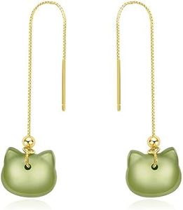 LOOYUUPEE Natural Hetian Jade Earrings, Cat Shape Jade Pendant for Women, Green Lucky Jade Jewelry Gift for Mom Lover Her (925 Sterling Silver with Gold Plated)