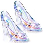 2 Pcs Glass Slipper Decoration Gift Princess Crystal High Heels Shoes Figurine Ornaments for Girls Glass Shoe Decoration for Women Coming of Age Ceremony Wedding Christmas Birthday Party (Holographic)