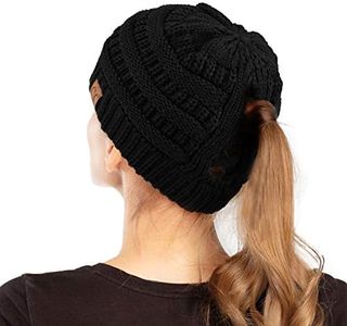 C.C Exclusives Soft Stretch Cable Knit Messy Bun Ponytail Beanie Winter Hat for Women (MB-20A), 0 Criss-cross Black, One size