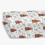 HawSkgFub Highland Cow Eucalyptus Leaf Fitted Standard Crib Sheet for Baby Boy Girl, Neutral Western Farm Animal Yak Toddler Mattress Cover, Soft Stretchy Nursery Bed Sheets Decor Kids Gift 52" x 28"