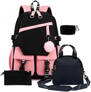 SPIRTUDE Mochilas para niñas para la escuela, bolsa de escuela secundaria con fiambrera, bolsa de libros de moda, bolsa escolar rosa, Pink, Talla única, 4 en 1