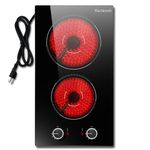 12 Inch Electric Cooktop 2 Burners, Knob Control, Plug in Electric Stove 110v, 2000w, 9 Power Levels, Countertop & Built-in Ceramic Cooktop, Residual Heat Indicator, Overheat Protection,Karienvir