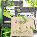 Bamboo Nature Fresh Air Purifier Bags Activated Charcoal Bags Fresh Air Fridge Fresheners for Dehumidifying 4 Packs Air Purifier Bags Odor Eliminators for Shoes, Closet, Bathroom (2x200g+2x100g)