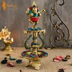 Two Moustaches 8 Inches Dancing Ganesha Gemstone Work Brass Oil Diya, Brass Diyas for Home , Diyas for Housewarming , Diyas for Diwali Decoration , Diyas for Pooja , Multicolored, Standard , Pack Of 1