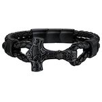 FaithHeart Thor's Hammer Bracelets for Man, Stainless Steel Viking Mjolnir Charm Braided Leather Rope Bracelet with Durable Clasp, Black Bracelets for Dad Son