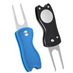 2 Pcs Foldable Golf Divot Repair Tool,Stainless Steel Golf Divot Repair Tool with Pop-up Button and Magnetic Ball Marker,Mini Divot Repair Tool Lightweight,Portable for Professional Golfer(Black&Blue)