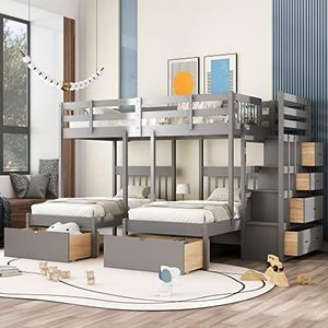 KUIKUI Triple Bunk Beds for Kids, Full Over Twin and Twin Bunk Bed for 3, with Multi Drawers and Surround Guardrails, Gray