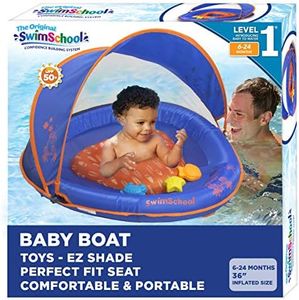 SwimSchool Deluxe Baby Float with Adjustable Canopy - 6-24 Months - Baby Swim Float with Splash & Play Activity Center Safety Seat - Blue/Orange