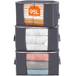 Lifewit 95L Clothes Storage Bags Large Storage Box With Lid Packing Boxes for Moving House With Reinforced Handle Thick Fabric Clear Window for Clothes Duvet Blankets Bedding, 3 Pack, Grey