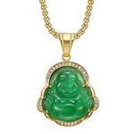 HMOOY Lucky Laughing Buddha Necklaces, Green Jade Buddha Necklace Buddha Cubic Zirconia Pendant Necklace With 18K Gold Plated Chain Feng Shui Amulet Jewelry for Women Men (Green)