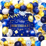 YinQin 63 PCS Navy Blue Gold Happy Birthday Party Balloons with Birthday Photo Backdrops Backgrounds Royal Navy Blue Golden Happy Birthday Party Decorations Happy Birthday Party Supplies for Men Boy