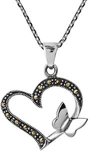 Butterfly Kiss Open Heart Marcasite Style Pyrite .925 Sterling Silver Pendant Necklace