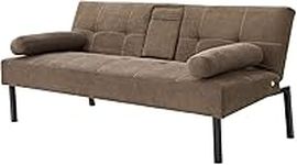 Panana 3 Seater Sofa Bed Linen Fabric Upholstered Modern Convertible Folding Futon Sofa Bed Daybed Guest Bed, 5 Angles Adjustable, 2 Cup-Holders,Brown