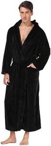 Men's Plush Hooded Bathrobe Winter Warm Fleece Robes Soft Flannel Long Robes with Pockets, Full Length, Black, XX-Large-3X-Large