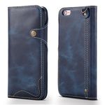 nincyee Genuine Leather Wallet Case for iPhone 8/iPhone SE 2020/2022,Classic Oil Wax Pattern Real Leather Button Card Slot Flip Stand Case Cover with Lanyard Blue