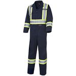 Pioneer High Visibility Safety Work Cotton Coveralls - Action Back, Elastic Waist, Reflective Tape - Class 1 - Navy Blue