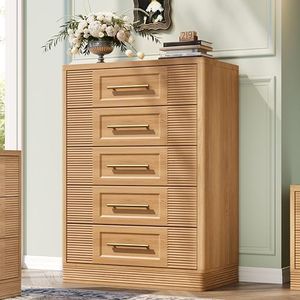 RECHHX Farmhouse 5 Drawers Dresser for Bedroom, 44" Tall Modern Chest of Drawers, Wooden Thermoformed Curved Dresser Organizer for Bedroom, Living Room, Natural Oak