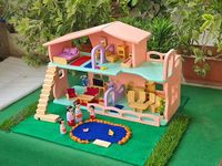 TinyMinyWorld Wooden Big Dollhouse Large Doll House with Furniture playset Age 3+ (Big Colour Villa 2 Stories + Garden + Pool)
