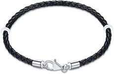 19cm Black Braided Leather Rope Bracelet with 925 Silver Lobster Claw Clasp, Handmade Woven Leather Bracelet fit Pandora Charms Beads, for Valentines Day Making Beads Bracelet Bangle