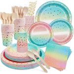 DN DENNOV 168PCS Pink and Gold-Pastel Party Supplies, Severs 24 Disposable Party Dinnerware Include Paper Party Plates, Cups, Napkins, Straw, Wooden Fork Spoon for Wedding