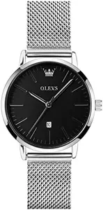 OLEVS Womens Silver Watch Black Face Thin Dress Watches for Women with Calendar Casual Simple Women's Watch for Small Wrists Mesh Bracelet Stainless Steel Ladies Watches Waterproof Reloj para Mujer