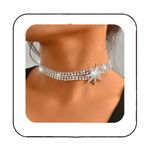 Unicra Silver Rhinestone Choker Necklaces Star Crystal Necklace Sparkly Diamond Nightclub Prom Necklaces Jewelry for Women and Brides, 11.8“+6.3”, Crystal, Rhinestone