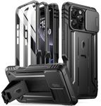 Poetic Revolution Case for iPhone 16 Pro Max 6.9 inch, [Slide Camera Cover], Full-Body Military Grade Rugged Shockproof Cover with Kickstand and Built-in-Screen Protector, Black