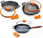 CountryCook Pre-Seasoned Cast Iron 26Cms Kadai & 2 Frying Pans Combo With Glass Lid, Induction Friendly, Non-Toxic, Enamel Free Cookware, 1 Count, Black,Orange