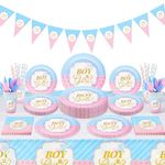 Gender Reveal Party Tableware Set - 114 Pcs Boy or Girl Paper Plates Cups Napkins Straws Tableware Set Tablecloth Banner Tableware Supplies Baby Shower Decorations