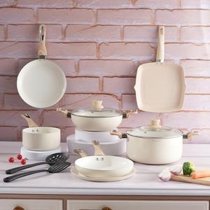 Cookaid Velora Series Cook and Serve Cookware Set of 11 Pcs Non Stick Cookware Set with 2 Pcs Nylon Tool| Aluminium Body| Ceramic Non Stick Coating |ISI Certified | Cream