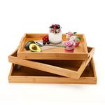 Bamboo trays for serving with handles, Wooden Food Trays for Eating Breakfast Dinner, Set of 3 Coffee Table Kitchen Tea Tray