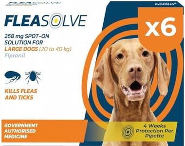 Dog Flea Treatment Large Dog x 6 - Spot on Flea Treatment for Dogs Large 20-40 kg - FleaSolve 6 Pipettes, 6 Doses - Effective Spot-On Treatment