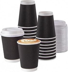 Disposable Coffee Cups 12oz 50 Sets - Coffee Cups w/Sleeve Lids Triple Insulated Coffee Mug with Lid Heat-Resistant, Spill-Proof Eco-Friendly, Ideal for Hot & Cold Drinks (Black)