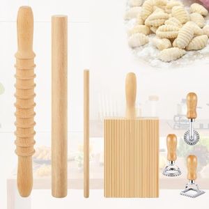 Mlesi 7 Pcs Pasta Making Tools, Wooden pasta kit with Rolling Pin, pasta cutter, Gnocchi Board, Ravioli Stamp, Homemade Noodle Dumpling Pasta Making Accessories