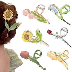 Realhunlee Flower Metal Hair Claw Clips 6 Pcs Cute Large Tulip NonSlip Barrettes Strong Hold Clamps Fashion Accessories for Woman Girls with Long Thick Thin Curly (A Style)