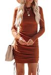 Oyamiki Women's Ruched Bodycon Drawstring Fall Dress Sexy Long Sleeve Stretch Knit Midi Dresses Maroon