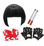 Welsh TV Character Costume - Black Bob Wig, Welsh Dragon Tattoo, Black Studded Gloves and 2 Fake Cigarettes - Adults TV Character Fancy Dress Costume