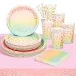 Party Tableware,Rainbow Colors Party Tableware 101 Pieces Paper Tableware Set Includes Paper Plates Napkins Cups for Wedding Shower Engagement Wedding Birthday (20 Guests)